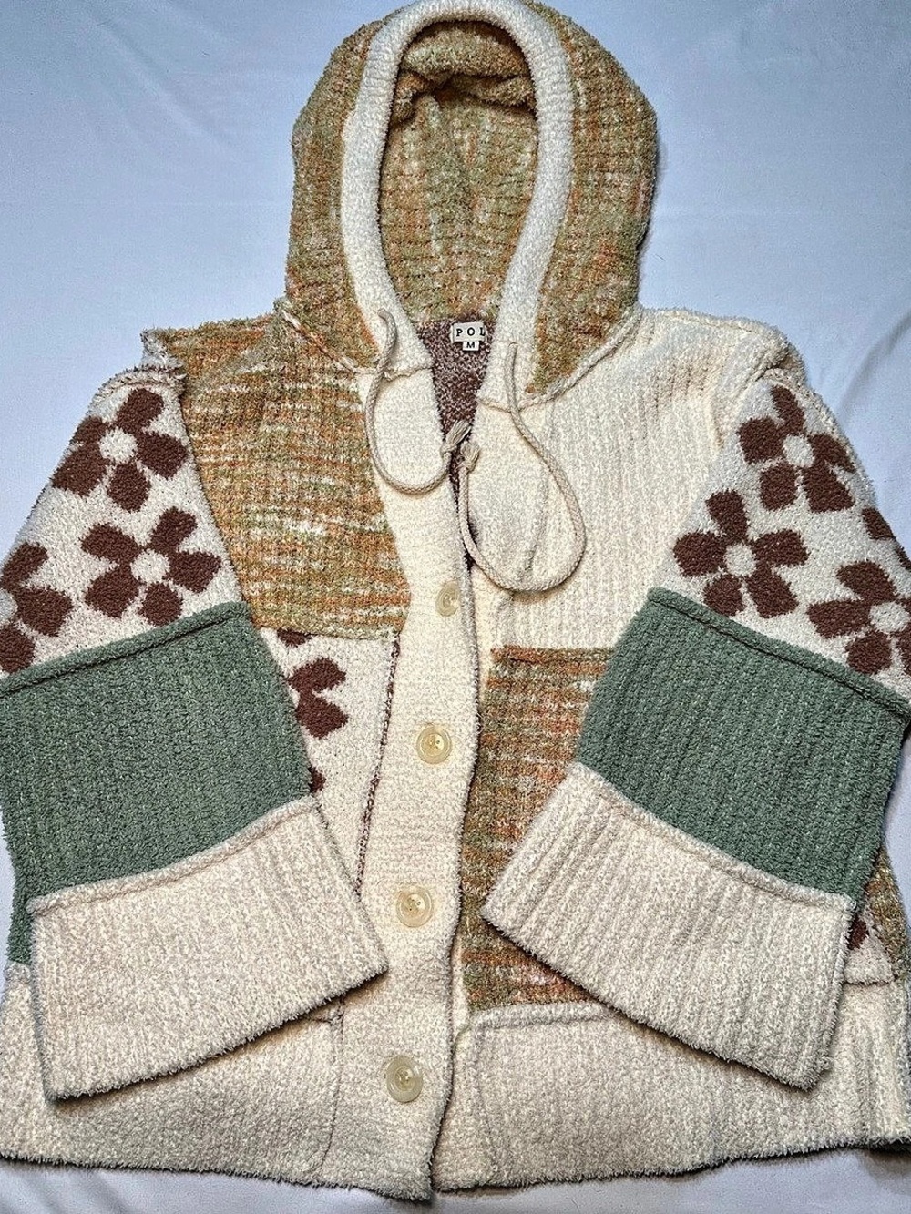 POL Clothing Mix It Up Patchwork Hooded Cardigan Sweater Boho Floral M